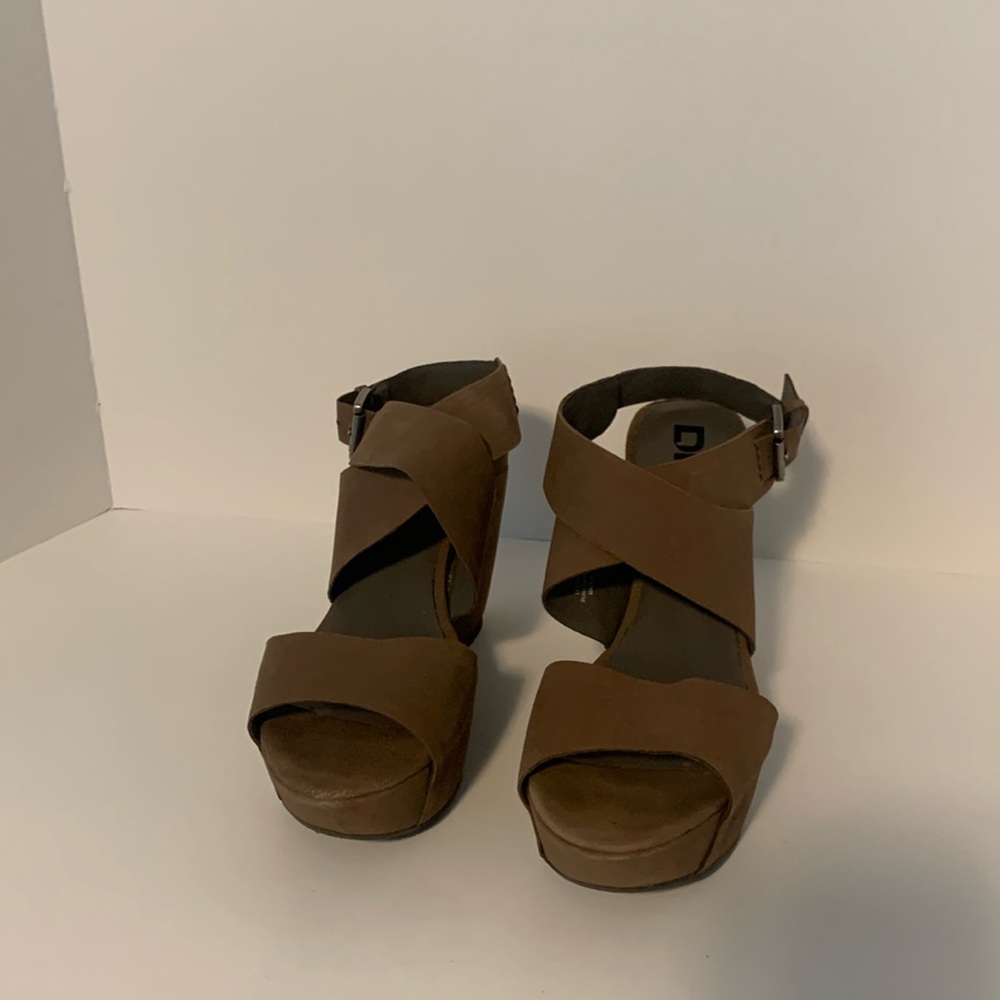 DKNY Leather Platform Wedge Sandals